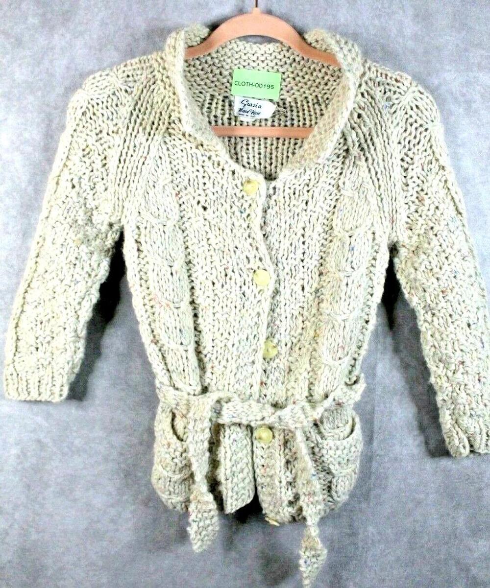 Grazia Sweater Womens S/M White Wool Blend Cardigan Belted Pockets Cable Knit